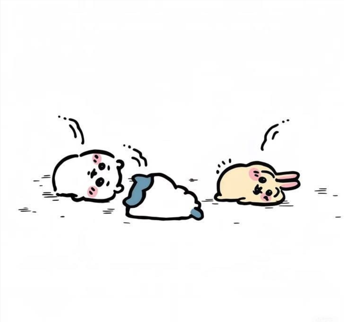 바닥에 늘어져 누운 캐릭터 셋 — 흰 곰, 파란 리본을 단 흰 고양이, 노란 토끼