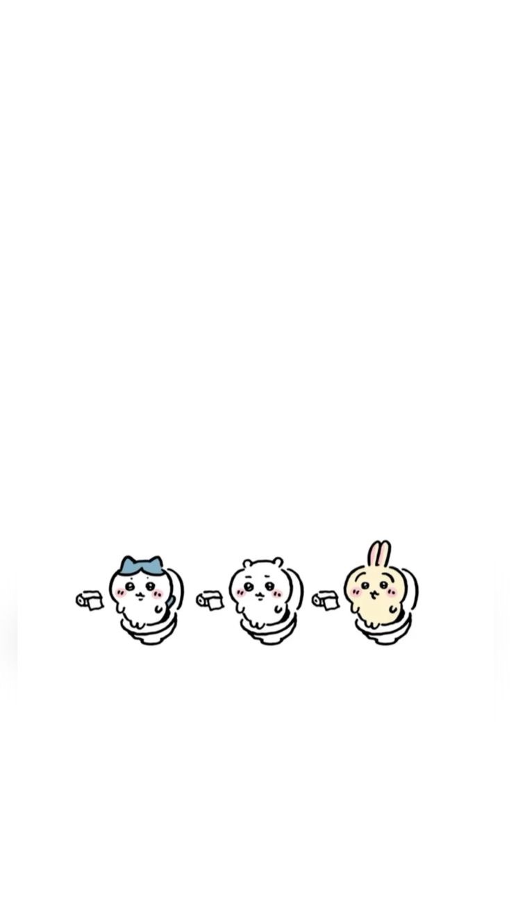 변기에 나란히 앉아 두루마리 휴지를 받는 캐릭터 셋 — 파란 리본을 단 흰 고양이, 흰 곰, 노란 토끼